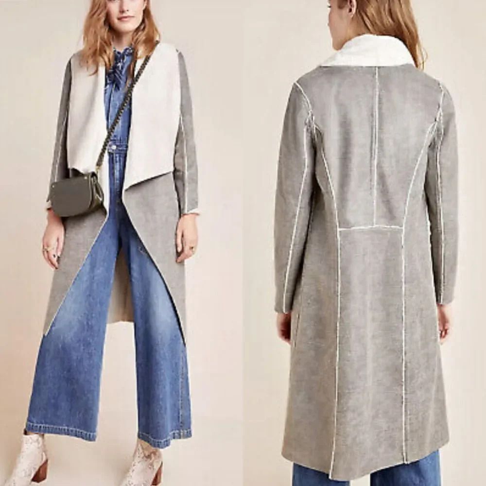 NWOT $198 Amadi Anthropologie Camilla Gray Faux Suede Sherpa Duster Jacket Sz XS